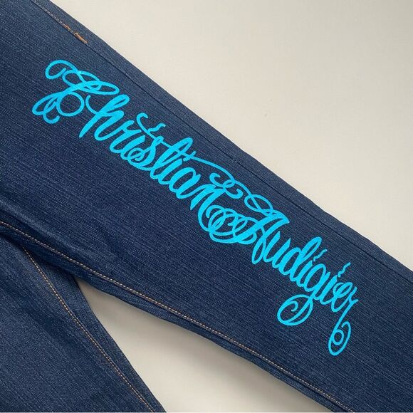 Christian Audigier Y2K Vida Y Muerte Embroidered Tattoo Inspired Bootcut Jeans - Picture 5 of 10